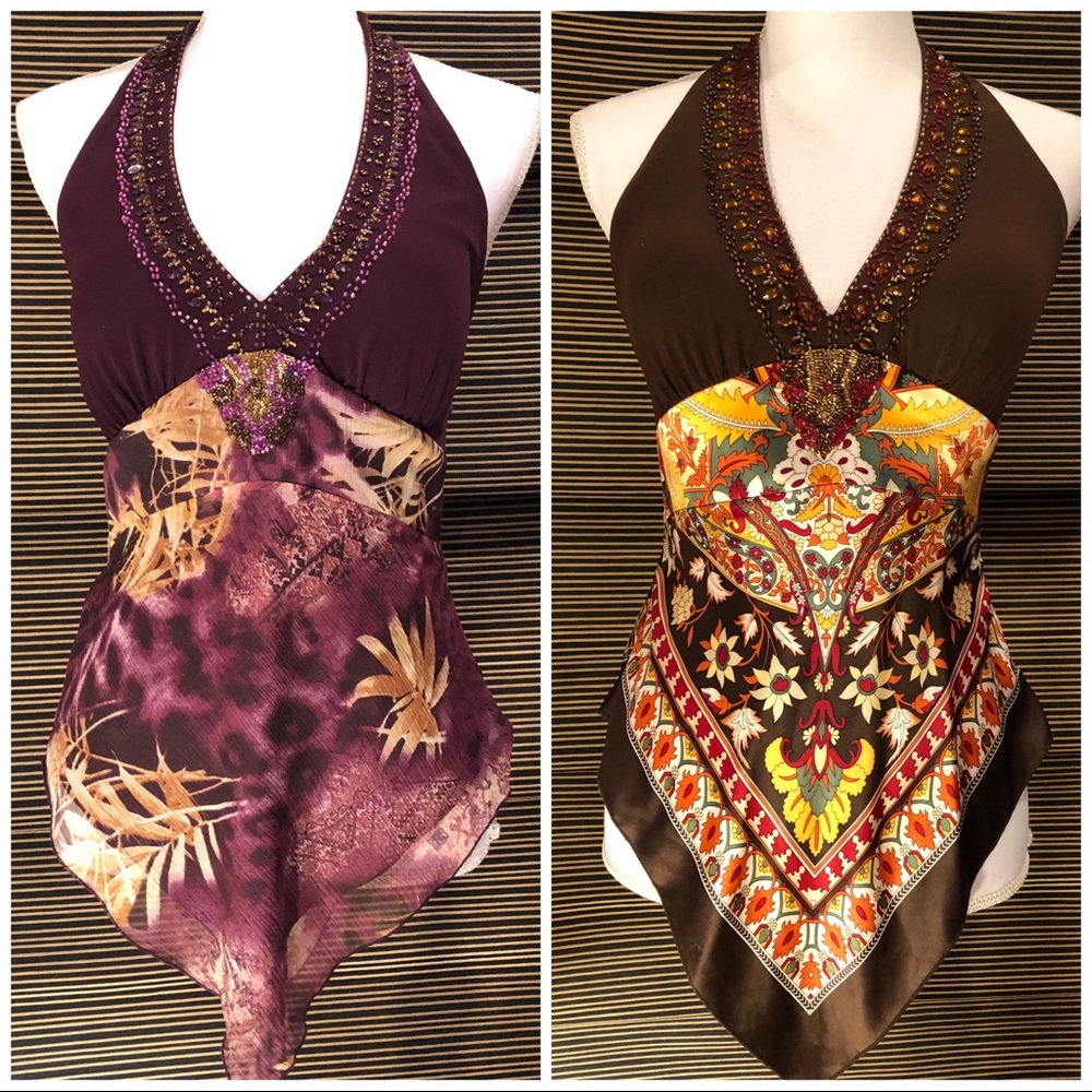 NWOT 🤩 Cache Multicolor Part-Silk Padded Halter Top (Purple Only)